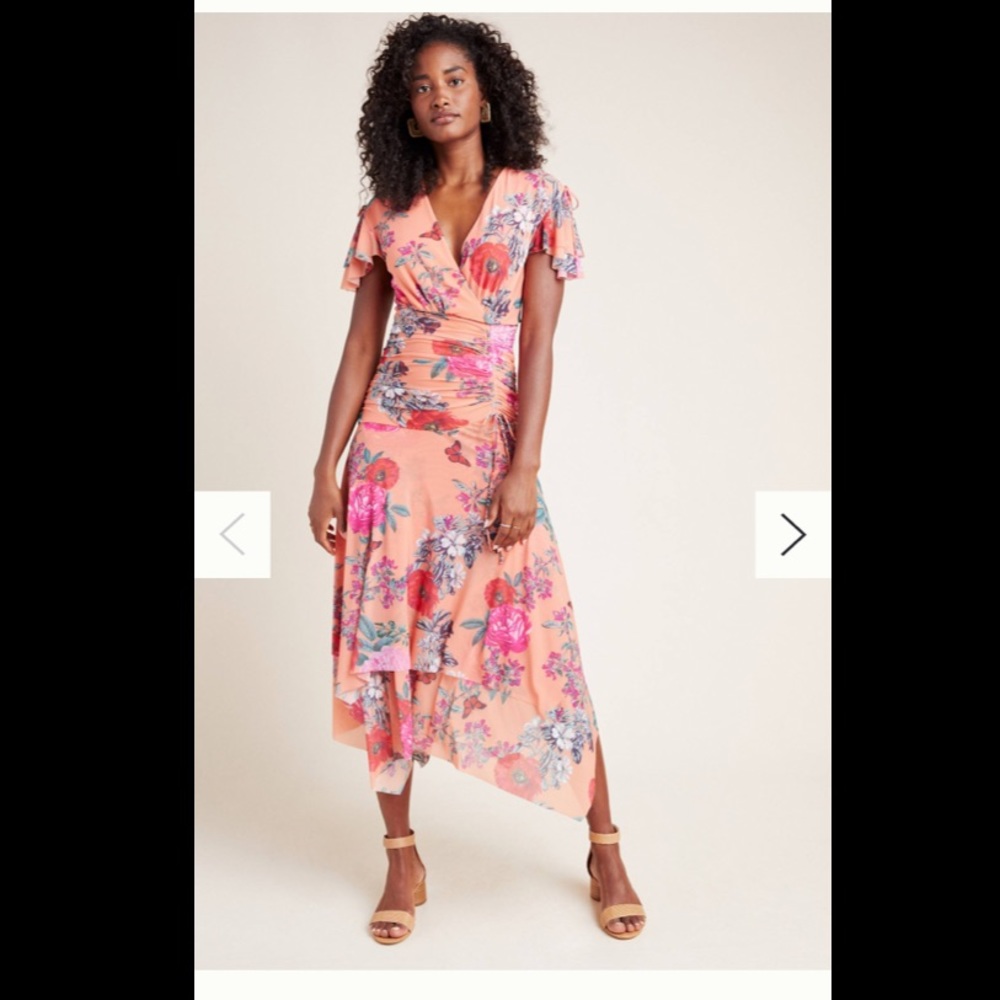Anthropologie Maeve Simone Floral Coral Orange Ruched Size Large